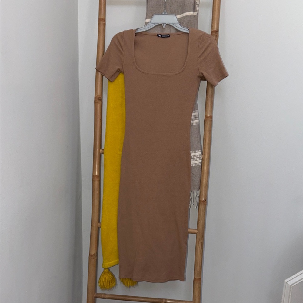 Zara Tan Square Neck Midi Dress